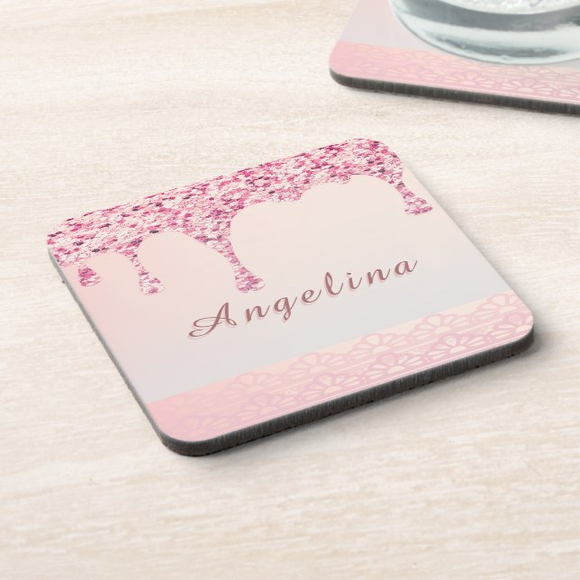 Elegant Pink Glam Glitter Drip  Coaster (Left Side)
