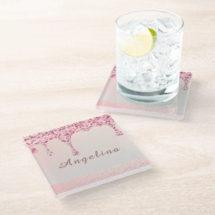 Elegant Pink Glam Glitter Drip  Glass Coaster