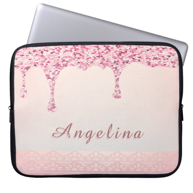 Elegant Pink Glam Glitter Drip Lace Bridal Shower Laptop Sleeve (Front)