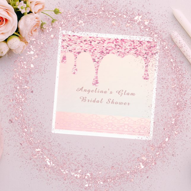 Elegant Pink Glam Glitter Drip Lace Bridal Shower  Napkin (Glam pink glitter drip napkin with lace and custom name for a modern bridal shower.)