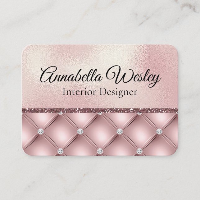 Elegant Pink Glitter and Diamonds on Pearl Foil Business Card (Front)
