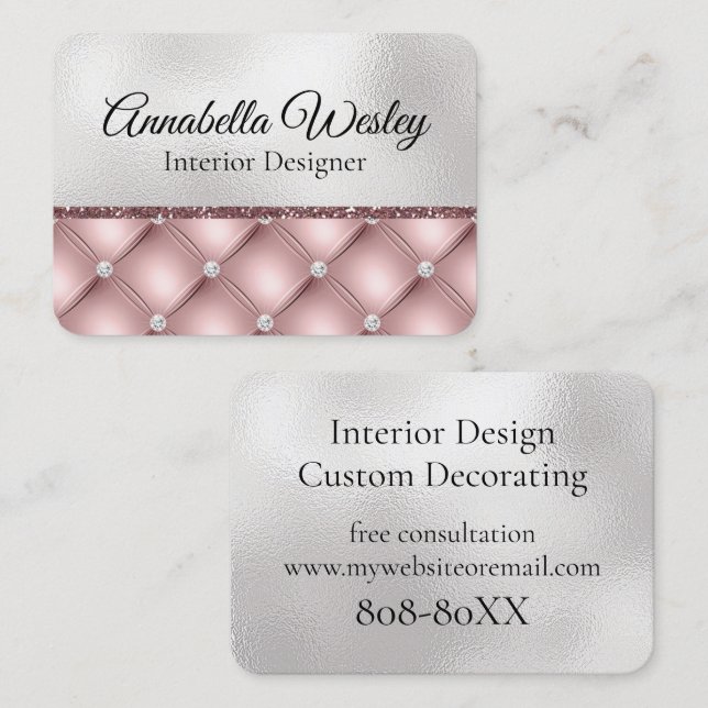 Elegant Pink Glitter and Diamonds on Silver Foil Business Card (Front/Back)