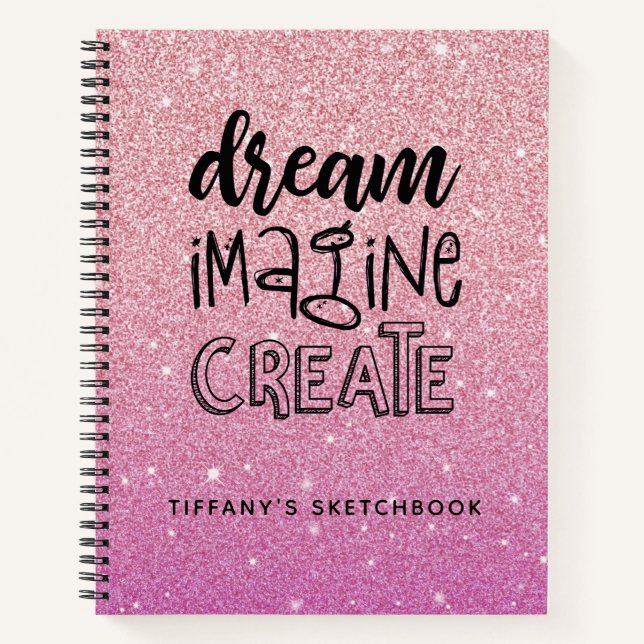 Elegant Pink Glitter Artist Sketchbook with Name Notebook (Front)