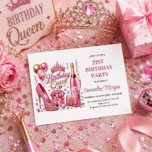Elegant Pink Glitter Birthday Queen Party Invites