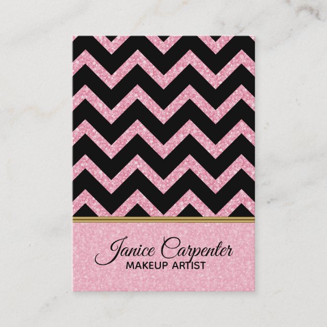 Elegant Pink Glitter Black Chevron Gold Accents Business Card (Front)
