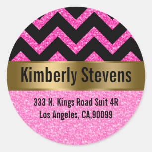 Elegant Pink Glitter Black Chevron Gold Accents Classic Round Sticker