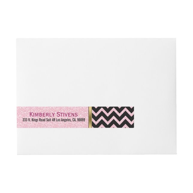 Elegant Pink Glitter Black Chevron Gold Accents Wraparound Address Label (Front)