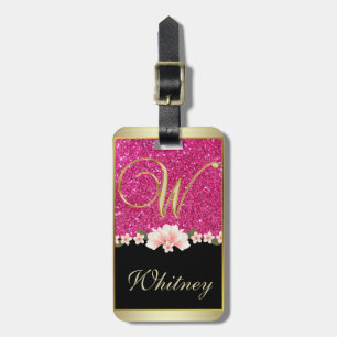 ELEGANT PINK GLITTER BLACK TEAL FLORAL MONOGRAM W  LUGGAGE TAG