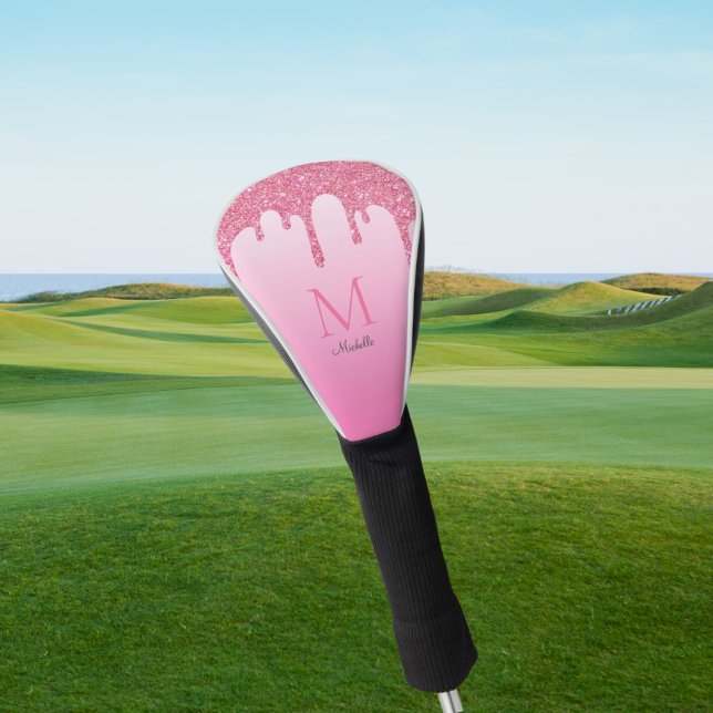 Elegant Pink Glitter Drips Monogram Name  Golf Head Cover (Creator Uploaded)