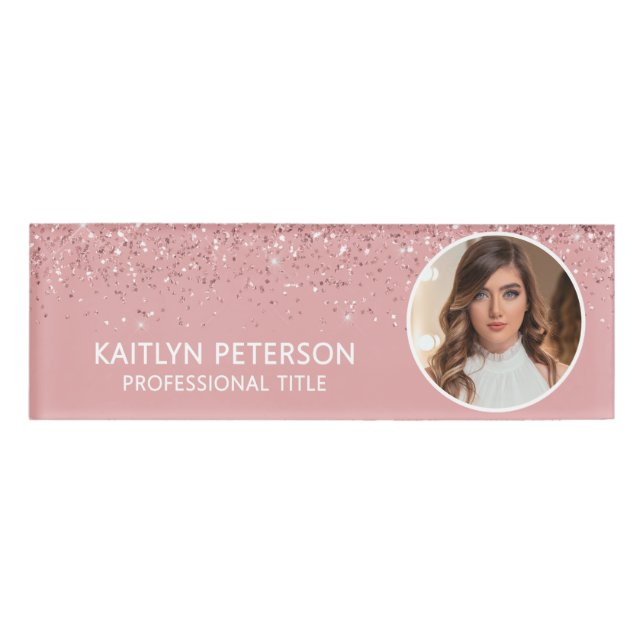 Elegant Pink Glitter Employee Photo ID Name Tag (Front)