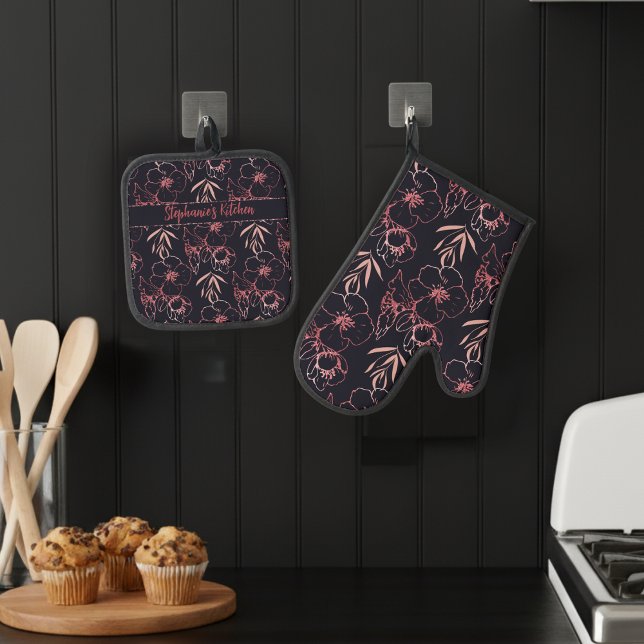 Elegant Pink Glitter Flowers And Leaves Monogram  Oven Mitt & Pot Holder Set (Creator Uploaded)