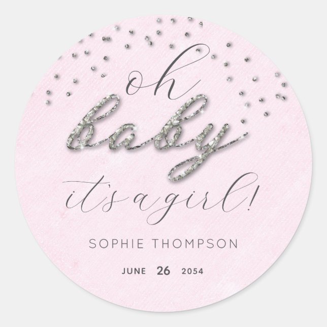 Elegant Pink Glitter Girl Baby Shower Thank You Classic Round Sticker (Front)