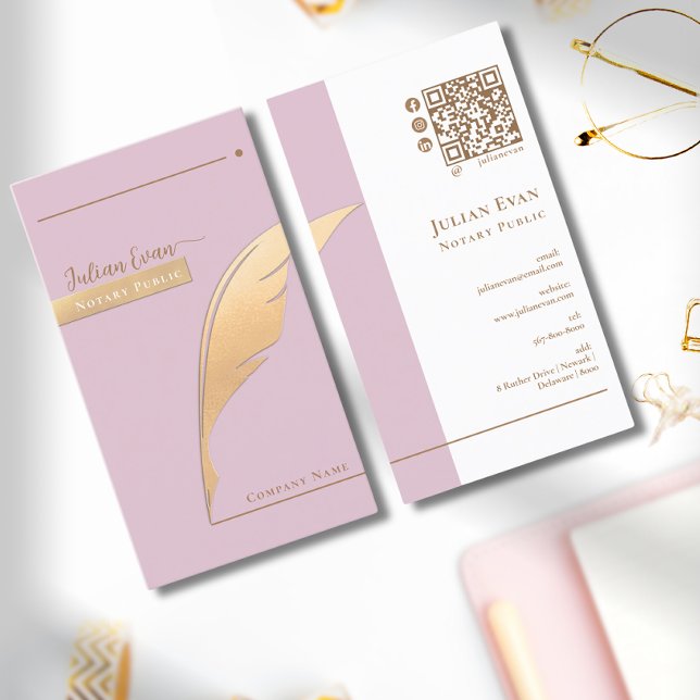 Elegant Pink Glitter Gold Quill Notary Public QR Business Card (Creator Uploaded)