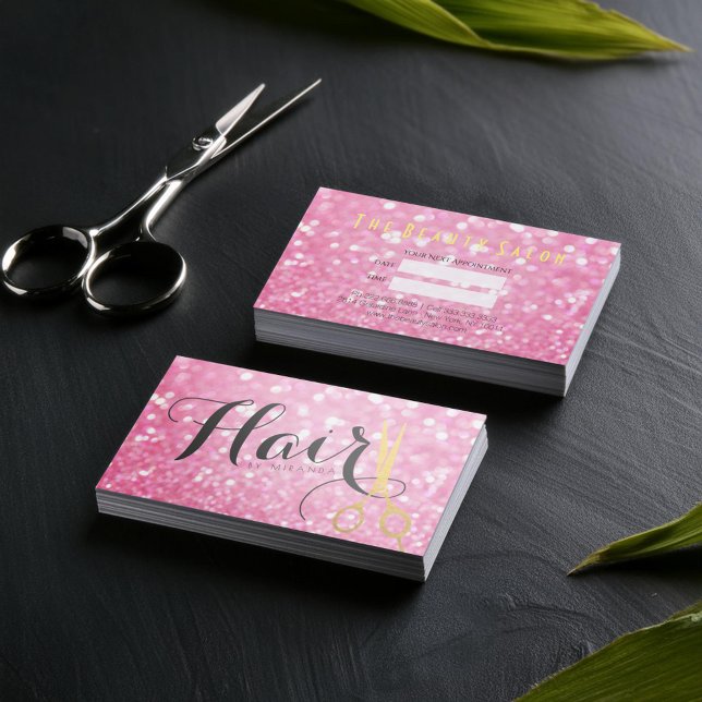 Elegant Pink Glitter Gold Scissors Hair Stylist Appointment Card (Creator Uploaded)