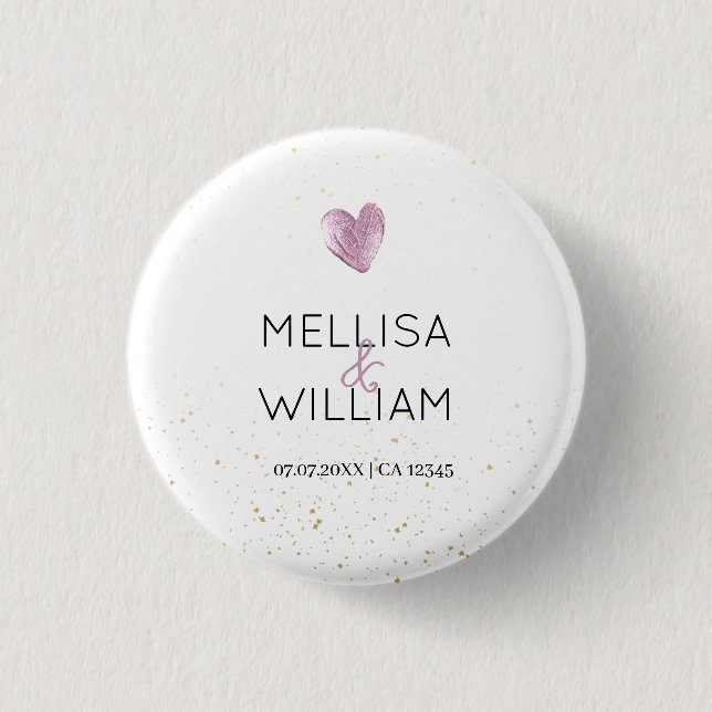 Elegant Pink Glitter Heart Custom Couple Name Date 3 Cm Round Badge (Front)