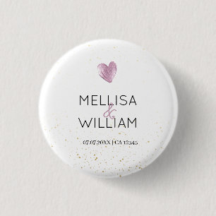 Elegant Pink Glitter Heart Custom Couple Name Date 3 Cm Round Badge