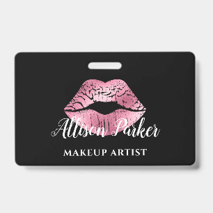 Elegant Pink Glitter Kiss Makeup Artist  ID Badge