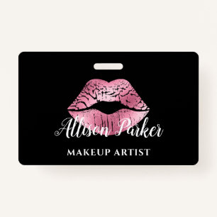 Elegant Pink Glitter Kiss Makeup Artist ID Badge