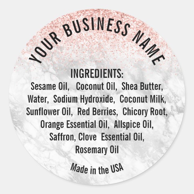 Elegant Pink Glitter Marble Ingredient List  Classic Round Sticker (Front)