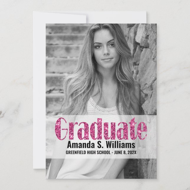  Elegant Pink Glitter Photo Graduation  Announcement (Front)