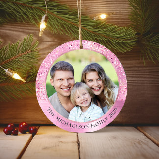 Elegant Pink Glitter Photo Metallic Christmas Ceramic Tree Decoration