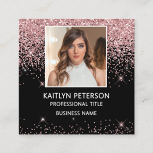 Elegant Pink Glitter Photo QR Code Black Square Business Card