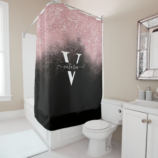 Elegant Pink Glitter Sparkle Monogram Black Custom Shower Curtain (In Situ)