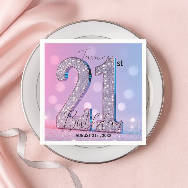Elegant Pink Glittery Diamonds 21st Birthday Napkin (Creator Uploaded)