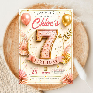 Elegant Pink Gold 7th Birthday Party Invitation