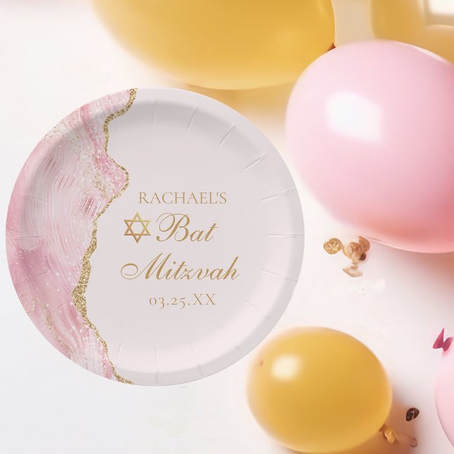Elegant Pink Gold Agate Bat Mitzvah Party Paper Plate (Creator Uploaded)