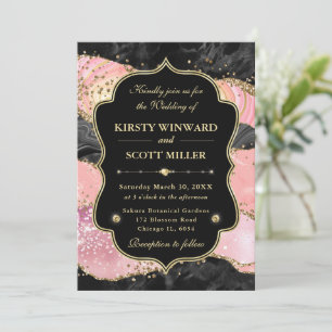 Elegant Pink Gold Agate Marble Glitter Wedding Invitation