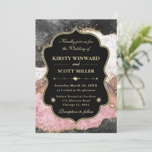 Elegant Pink Gold Agate Marble Glitter Wedding Invitation