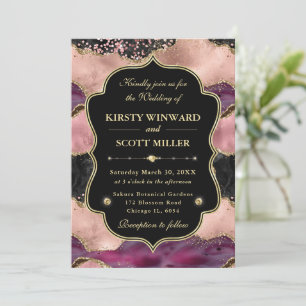 Elegant Pink Gold Agate Marble Glitter Wedding Invitation