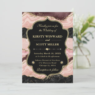 Elegant Pink Gold Agate Marble Glitter Wedding Invitation