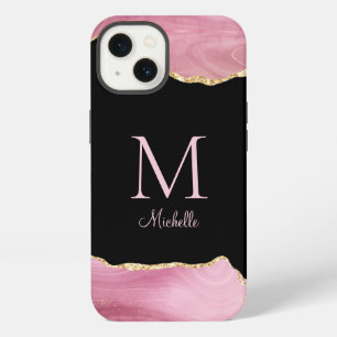 Elegant Pink Gold Agate Monogram iPhone 13 Case