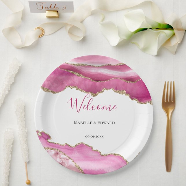 Elegant Pink & Gold Agate Stone Image Wedding  Paper Plate (Creator Uploaded)