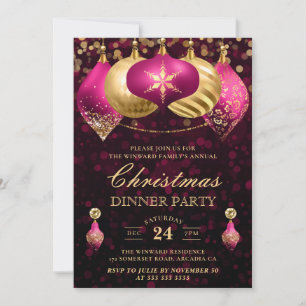 Elegant Pink & Gold Baubles Christmas Dinner Party Invitation