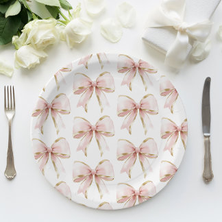 Elegant Pink Gold Bow Pattern Baby Shower Girl  Paper Plate