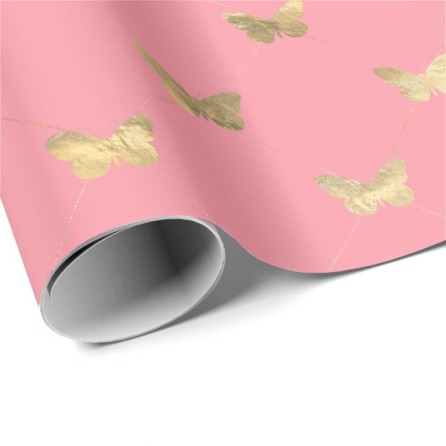 Elegant Pink Gold Butterfly Pattern Wrapping Paper (Roll Corner)