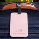 Elegant Pink Gold Calligraphy Script Monogram Name Luggage Tag<br><div class="desc">Modern Elegant Chic Gold Monogram Name Signature Script Custom Personalised Blush Pink Luggage Bag Tag. This delicate design featuring custom name in a cursive hand lettered swash tail font calligraphy (or typography) and full name in gold on blush pink or baby pink colour background. These are easy to customise it....</div>