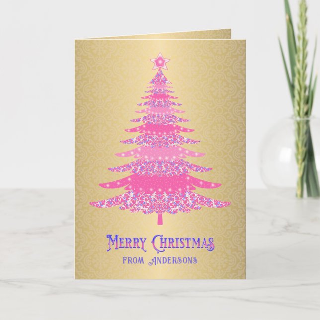 Elegant Pink Gold Christmas Tree Custom Name Holiday Card (Front)