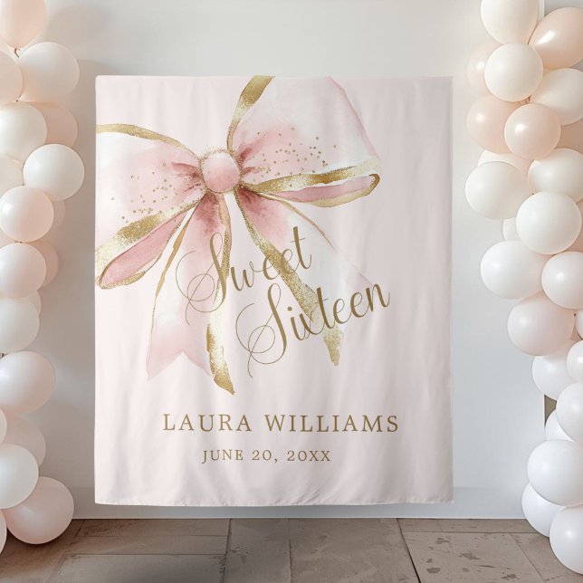 Elegant Pink & Gold Coquette Sweet 16th Backdrop Tapestry (Pink and Gold Coquette pink Sweet sixteen birthday backdrop banner)