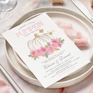 Elegant Pink & Gold Couples Pumpkin Baby Shower Invitation