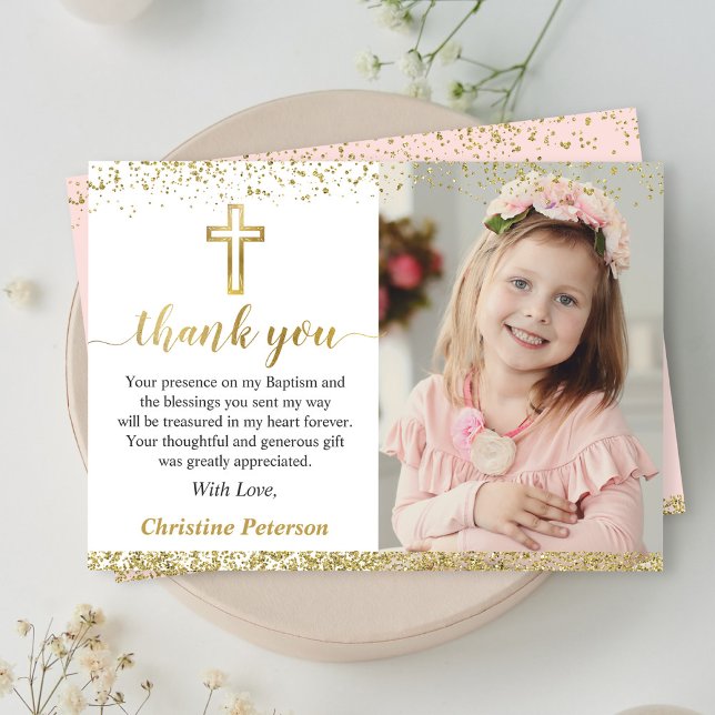 Elegant Pink Gold Cross Girl Baptism Photo Thank You Card (Creator Uploaded)