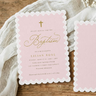 Elegant Pink Gold Cross Scalloped Baptism Invitation