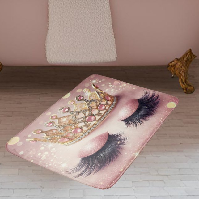 Elegant Pink & Gold Crown Eyelashes Bath Mat (Step into royalty with this glam pink & gold crown lashes bath mat—pure diva energy !)