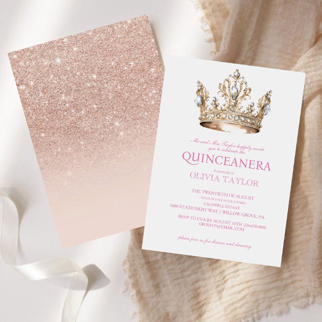 Elegant Pink Gold Crown Quinceanera 15th Birthday Invitation (Creator Uploaded)