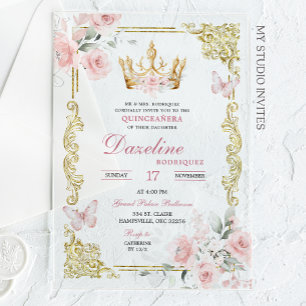 Elegant Pink Gold Crown Quinceanera Acrylic Invitations
