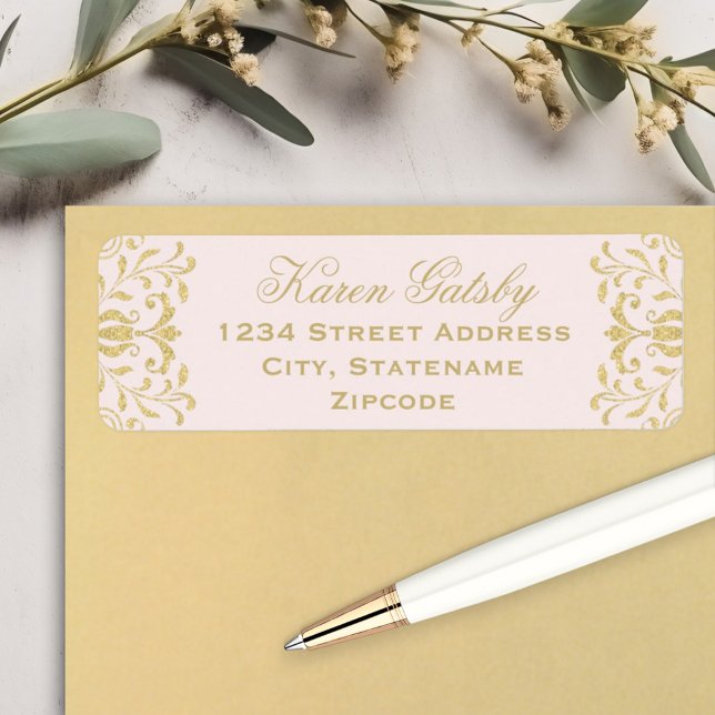Elegant Pink Gold Damask Wedding Address (Creator Uploaded)
