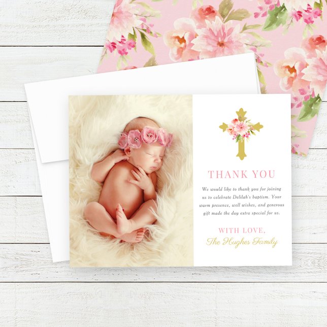 Elegant Pink Gold Floral Baby Girl Baptism Photo Thank You Card (Creator Uploaded)
